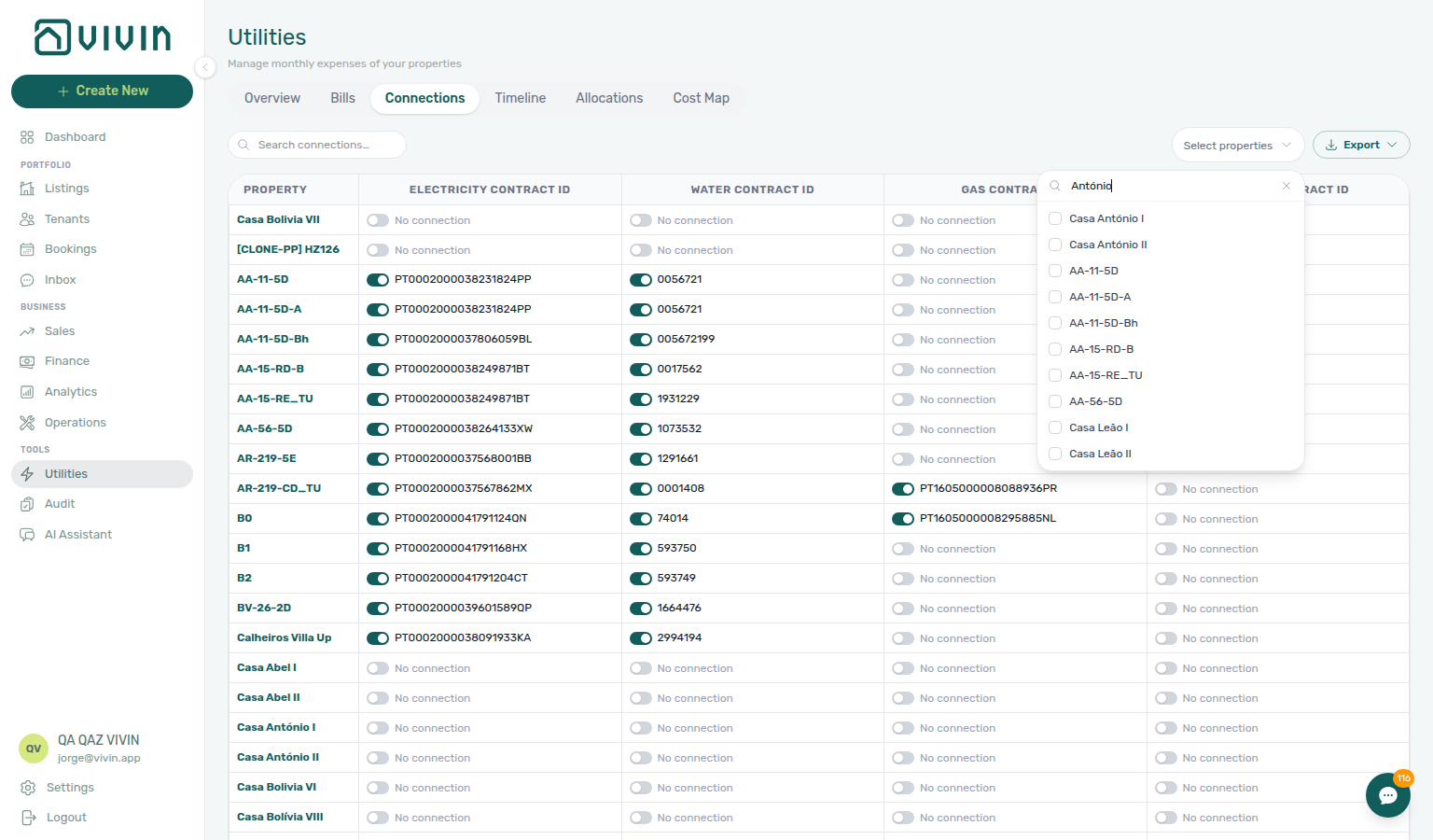 Utilities Connections — Select properties picker after server search (internalName matches ranked above address-only hits, example António)