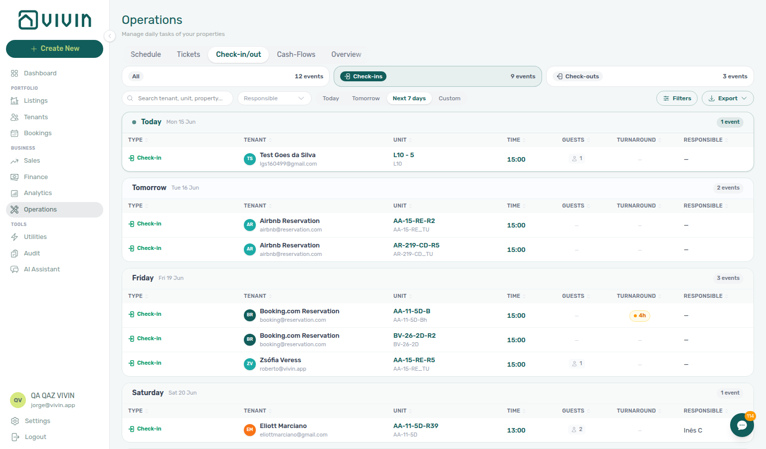 Operations — Check-in &amp; Check-out tab with Next 7 days and check-in rows for weekly planning