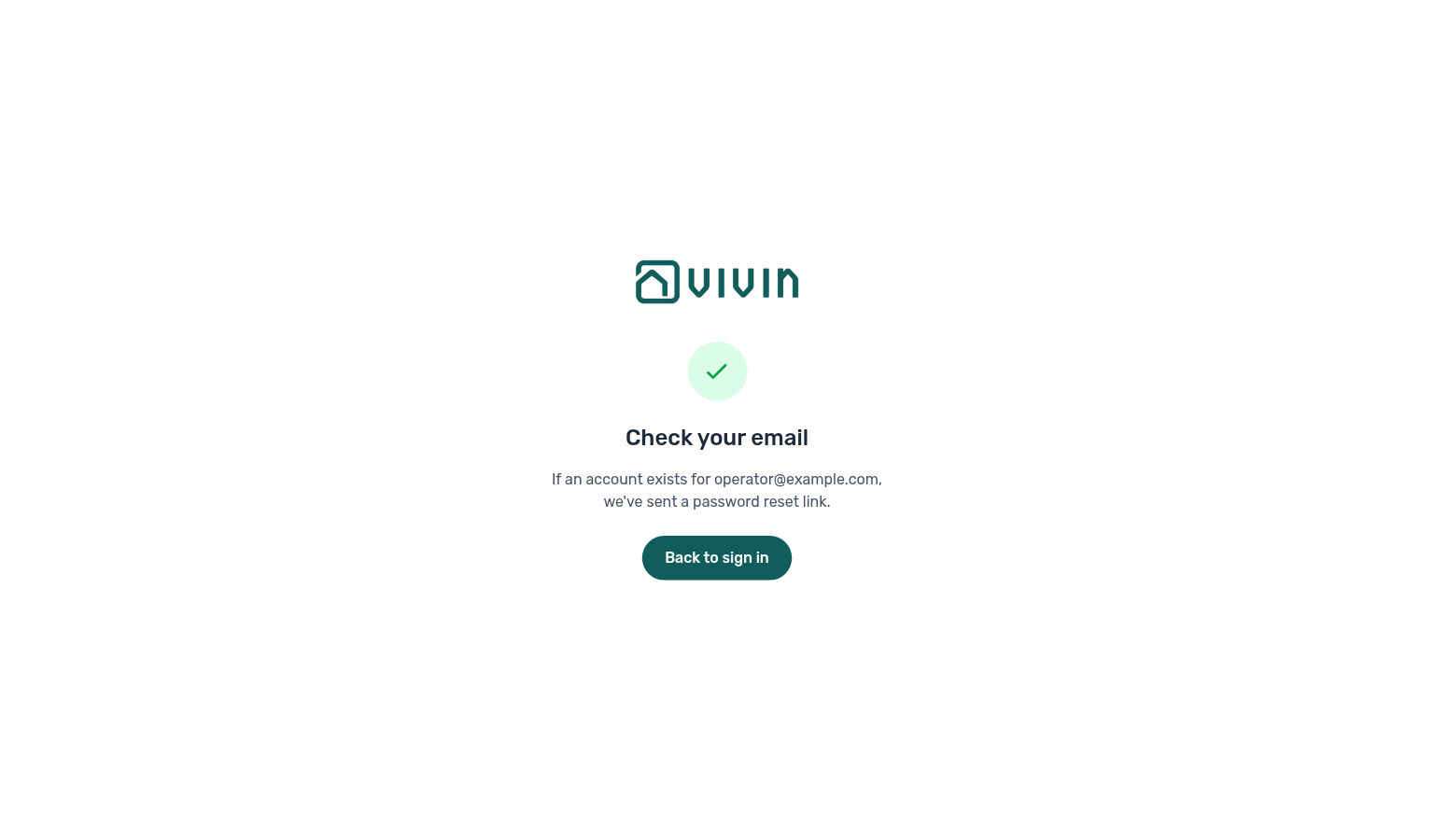Management password reset — Check your email confirmation after Send reset link